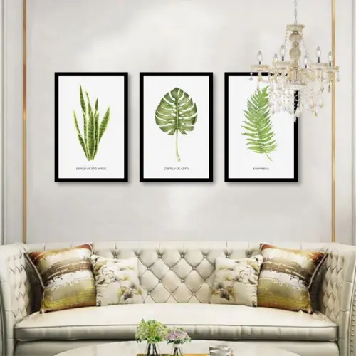 Kit 3 Quadros Decorativos Folhagem Frases Moderno Moldura