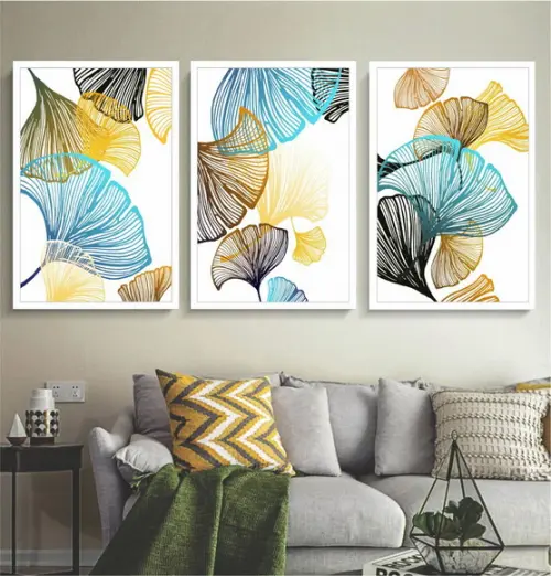 Kit 3 Quadros Decorativos Folhagem Gold Azul Moderno Moldura