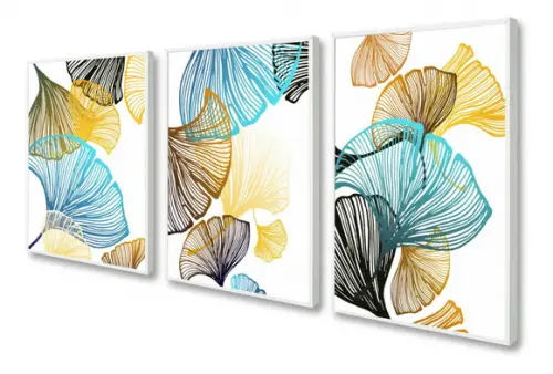 Kit 3 Quadros Decorativos Folhagem Gold Azul Moderno Moldura