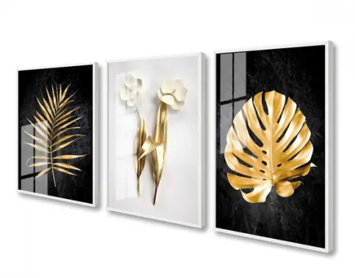 Kit 3 Quadros Decorativos Folhagem Gold Com Moldura e Vidro