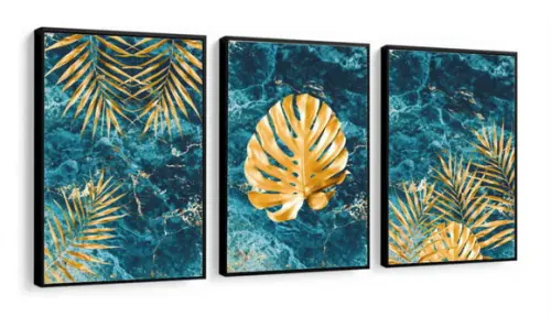 Kit 3 Quadros Decorativos Folhagem Gold Mármore Com Moldura