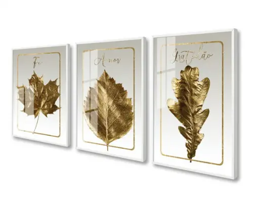 Kit 3 Quadros Decorativos Folhagem Gold Frases Moldura Vidro