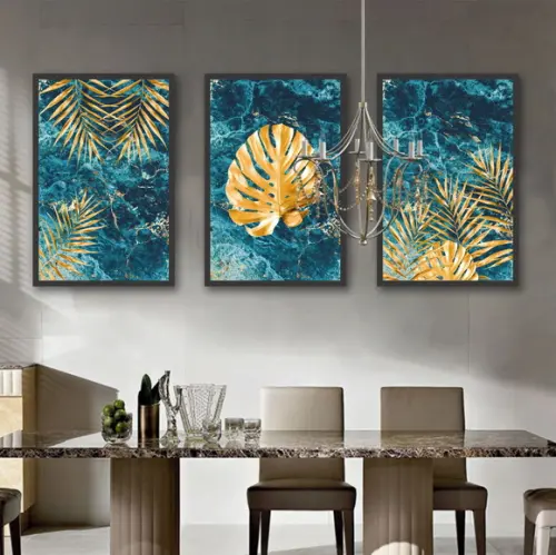 Kit 3 Quadros Decorativos Folhagem Gold Mármore Com Moldura