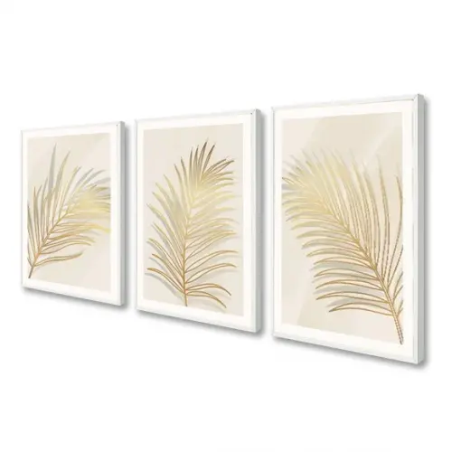 Kit 3 Quadros Decorativos Folhagem Gold Moderno Com Moldura