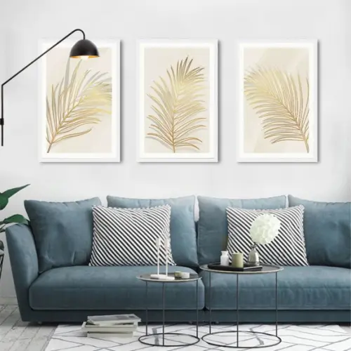 Kit 3 Quadros Decorativos Folhagem Gold Moderno Com Moldura