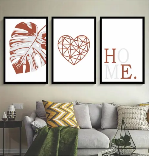 Kit 3 Quadros Decorativos Folhagem Home Terracota Moldura