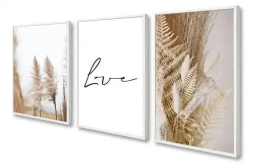 Kit 3 Quadros Decorativos Folhagem Love Sala Quarto Moldura