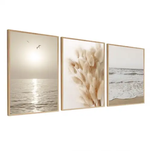Kit 3 Quadros Decorativos Folhagem Mar Paisagem Com Moldura