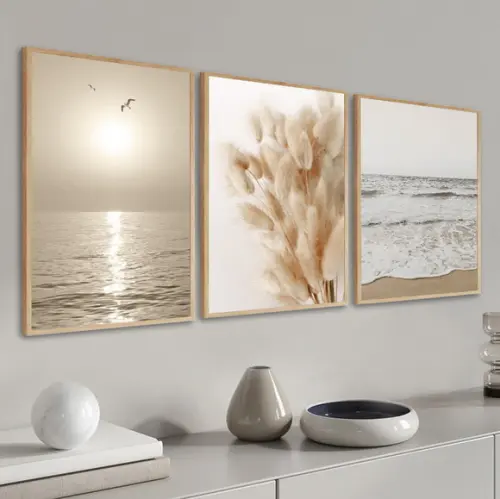 Kit 3 Quadros Decorativos Folhagem Mar Paisagem Com Moldura