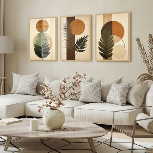 Kit 3 Quadros Decorativos Folhagem Marrom Boho Moderno Vidro