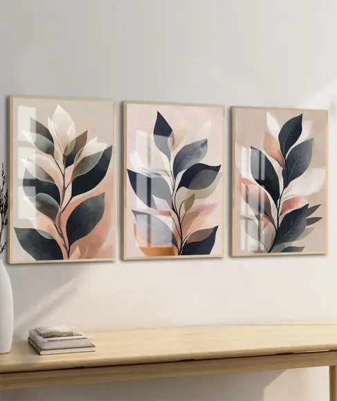 Kit 3 Quadros Decorativos Folhagem Moderna Moldura e Vidro