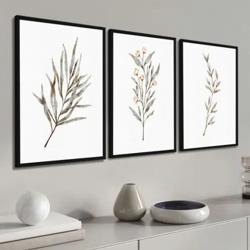 Kit 3 Quadros Decorativos Folhagem Moderna para Sala Moldura