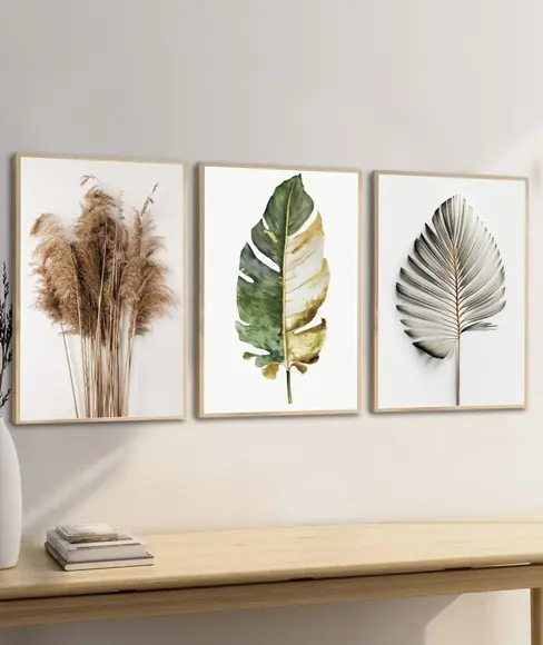 Kit 3 Quadros Decorativos Folhagem Moderna para Sala Moldura