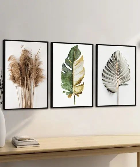 Kit 3 Quadros Decorativos Folhagem Moderna Sala com Moldura