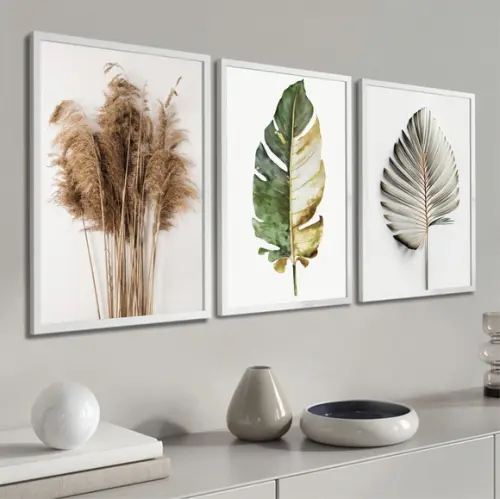 Kit 3 Quadros Decorativos Folhagem Moderna Sala Hall Moldura