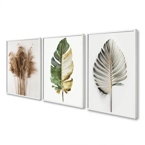 Kit 3 Quadros Decorativos Folhagem Moderna Sala Hall Moldura