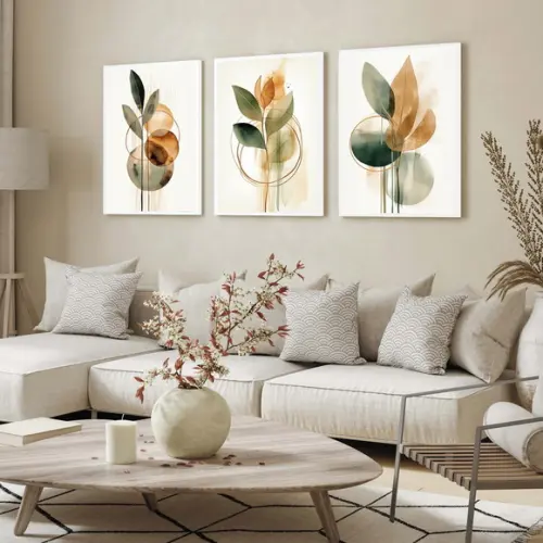 Kit 3 Quadros Decorativos Folhagem Moderna Sala Hall Moldura