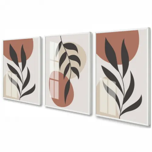 Kit 3 Quadros Decorativos Folhagem Moderno Moldura e Vidro