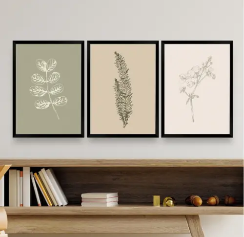 Kit 3 Quadros Decorativos Folhagem Para Quarto Sala Moldura