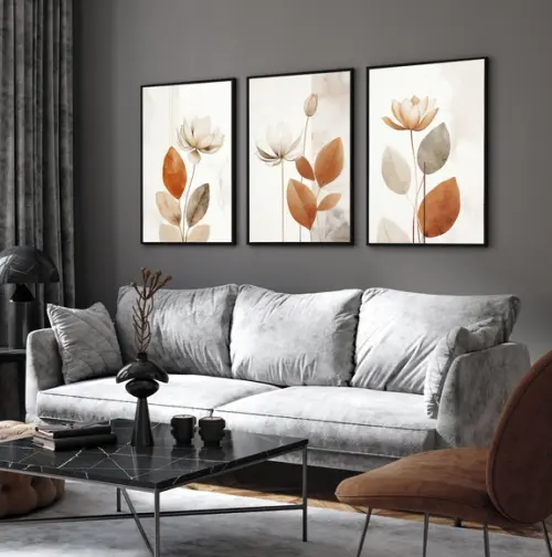 Kit 3 Quadros Decorativos Folhagem para Sala Moderna Moldura