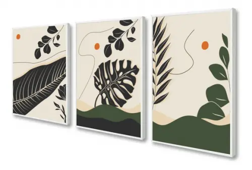 Kit 3 Quadros Decorativos Folhagem Para Sala Moderno Moldura