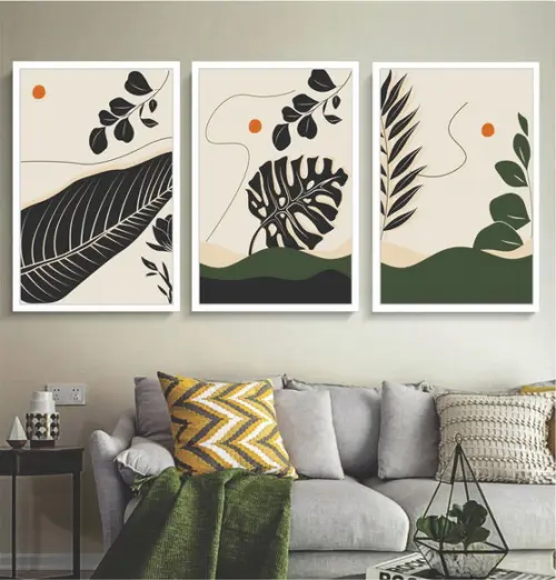 Kit 3 Quadros Decorativos Folhagem Para Sala Moderno Moldura