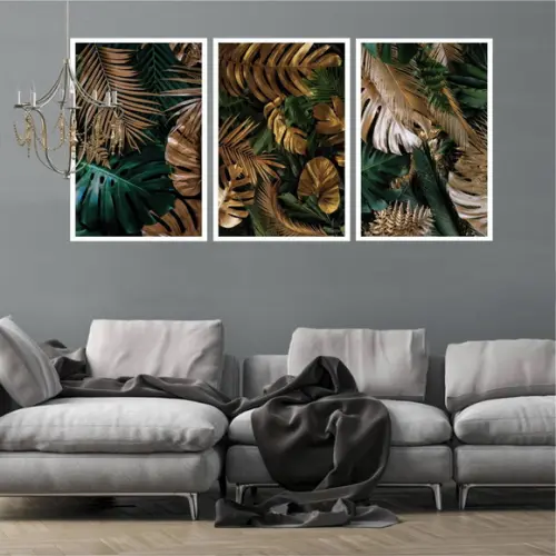 Kit 3 Quadros Decorativos Folhagem Para Sala Moderno Moldura