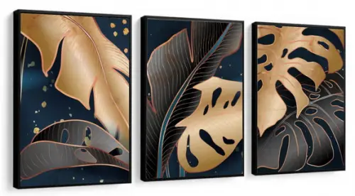 Kit 3 Quadros Decorativos Folhagem Preta Dourada Com Moldura
