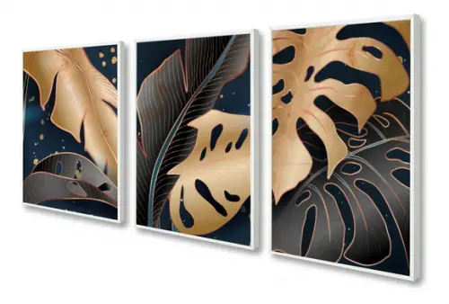 Kit 3 Quadros Decorativos Folhagem Preto Gold Com Moldura