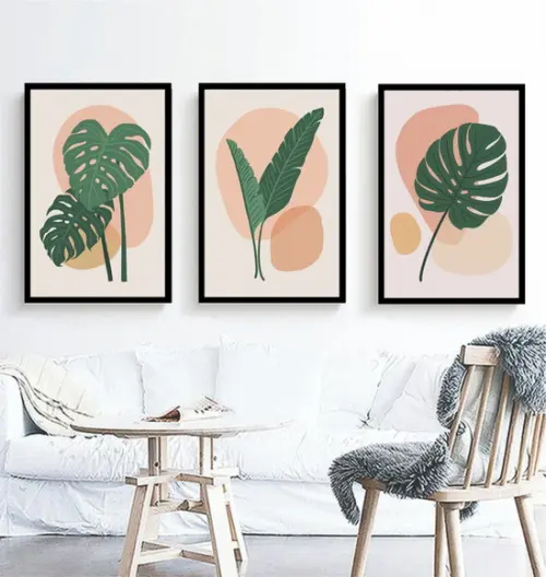 Kit 3 Quadros Decorativos Folhagem Verde Abstrato Moderno