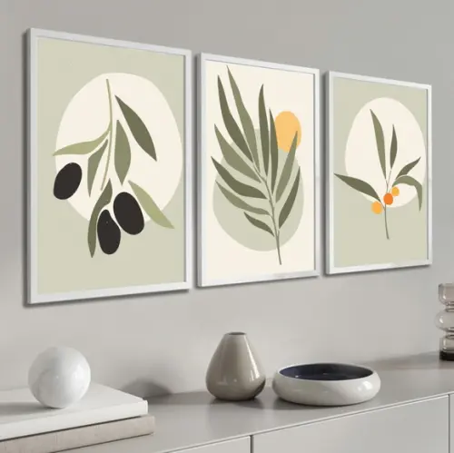 Kit 3 Quadros Decorativos Folhagem Verde Abstrato Moldura