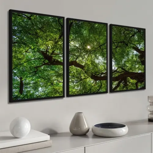 Kit 3 Quadros Decorativos Folhagem Verde Arvore Trio Moldura