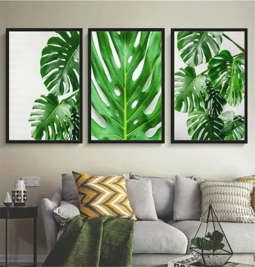 Kit 3 Quadros Decorativos Folhagem Verde Conjunto Moldura