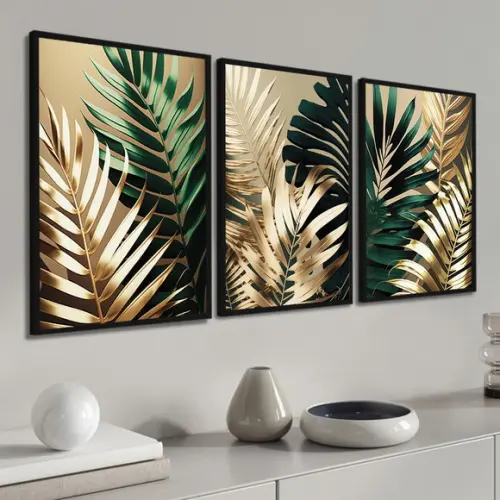 Kit 3 Quadros Decorativos Folhagem Verde Dourada com Moldura