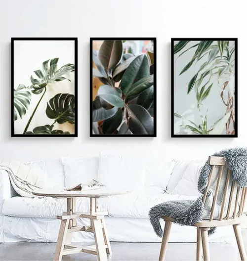 Kit 3 Quadros Decorativos Folhagem Verde Conjunto Moldura