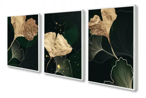 Kit 3 Quadros Decorativos Folhagem Verde Dourada Com Moldura