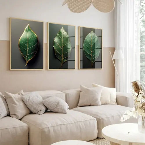 Kit 3 Quadros Decorativos Folhagem Verde Dourada com Vidro