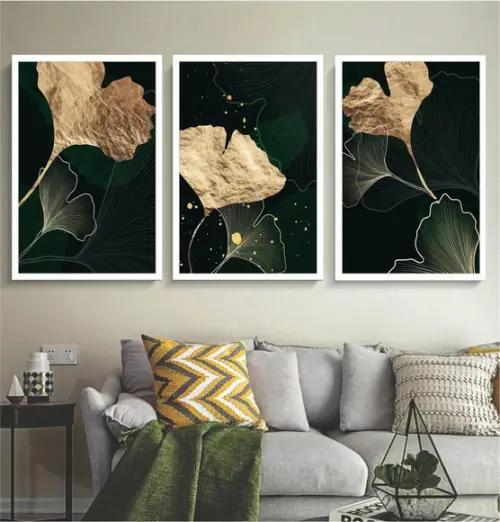 Kit 3 Quadros Decorativos Folhagem Verde Dourada Com Moldura