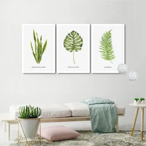 Kit 3 Quadros Decorativos Folhagem Verde Frases Com Moldura