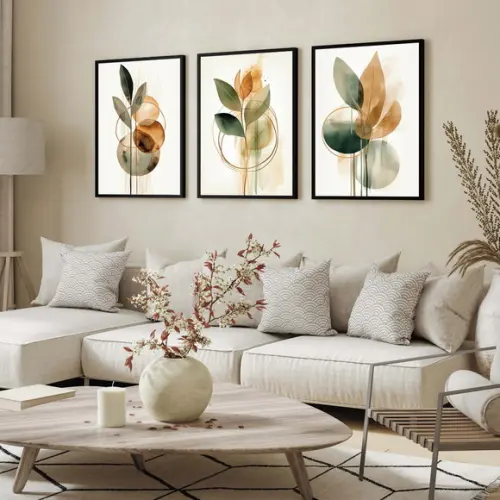 Kit 3 Quadros Decorativos Folhagem Verde Moderna com Moldura
