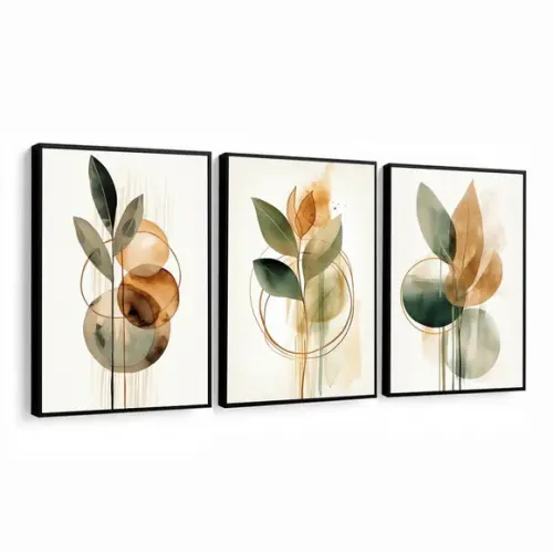 Kit 3 Quadros Decorativos Folhagem Verde Moderna com Moldura