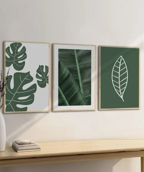 Kit 3 Quadros Decorativos Folhagem Verde Moderno com Moldura