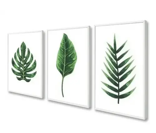 Kit 3 Quadros Decorativos Folhagem Verde Moderno Com Moldura