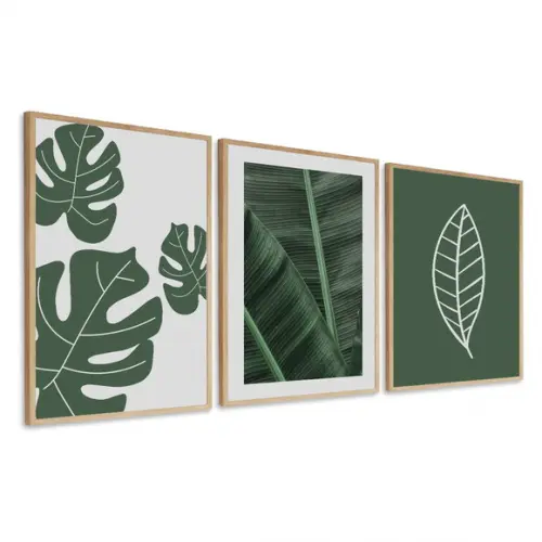 Kit 3 Quadros Decorativos Folhagem Verde Moderno com Moldura