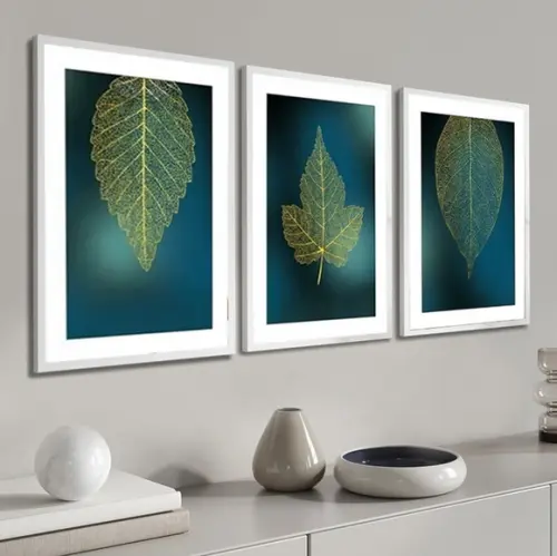 Kit 3 Quadros Decorativos Folhagem Verde Para Sala Moldura