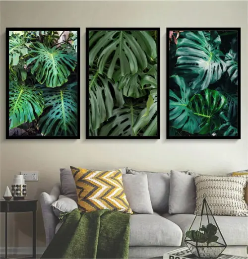 Kit 3 Quadros Decorativos Folhagem Verde Para Sala Moldura