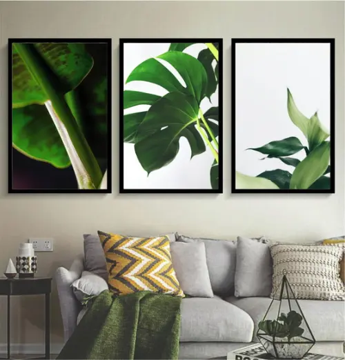 Kit 3 Quadros Decorativos Folhagem Verde Para Sala Moldura