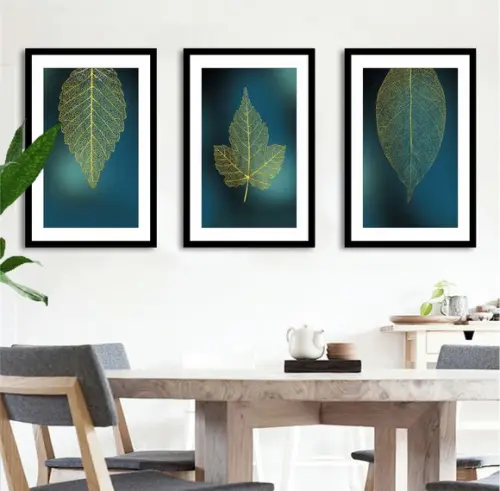 Kit 3 Quadros Decorativos Folhagem Verde Sala Gold Moldura