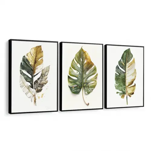 Kit 3 Quadros Decorativos Folhagem Verde Quarto Sala Moldura