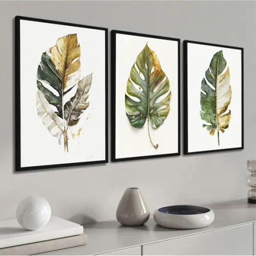 Kit 3 Quadros Decorativos Folhagem Verde Quarto Sala Moldura